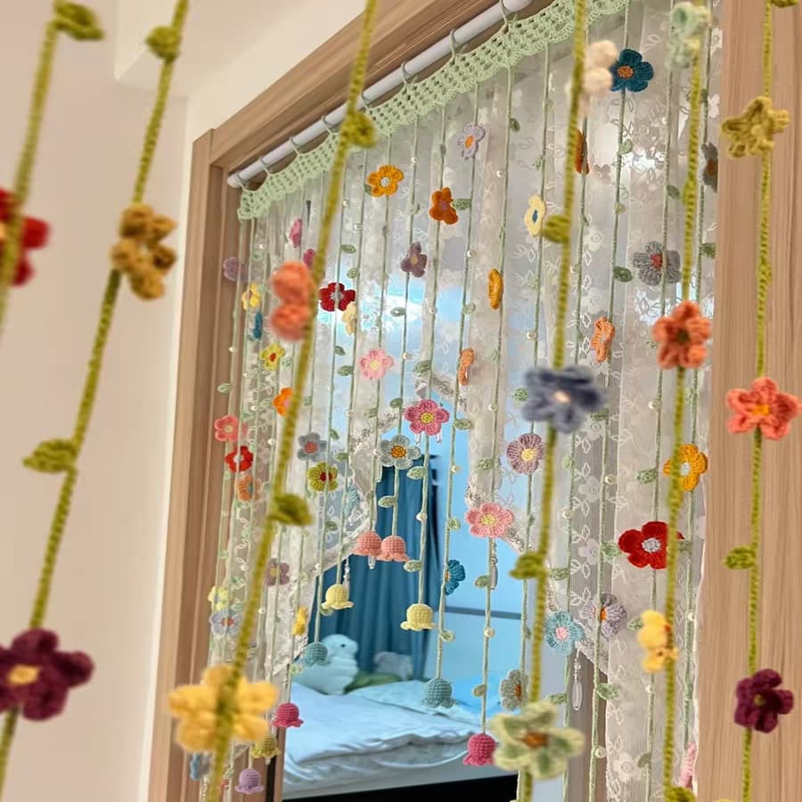 🌸 Handmade Crochet Spring Flower Door Curtain | Boho Floral Tassel Curtain for 80cm Doorway