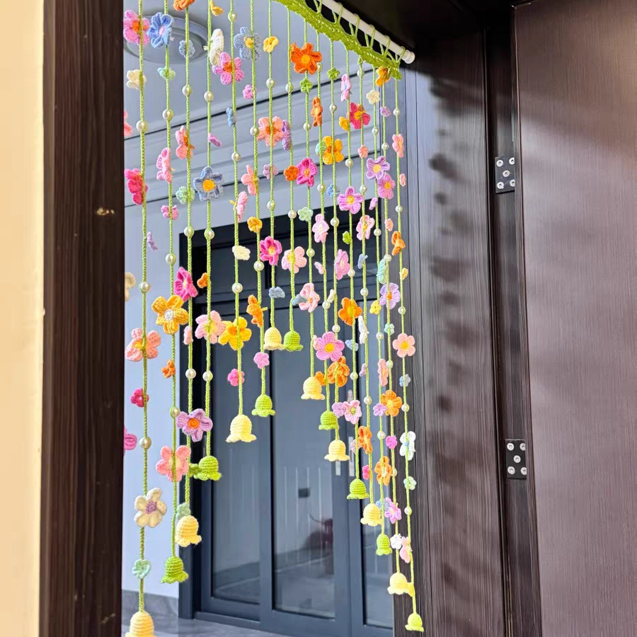 🌸 Handmade Crochet Spring Flower Door Curtain | Boho Floral Tassel Curtain for 80cm Doorway