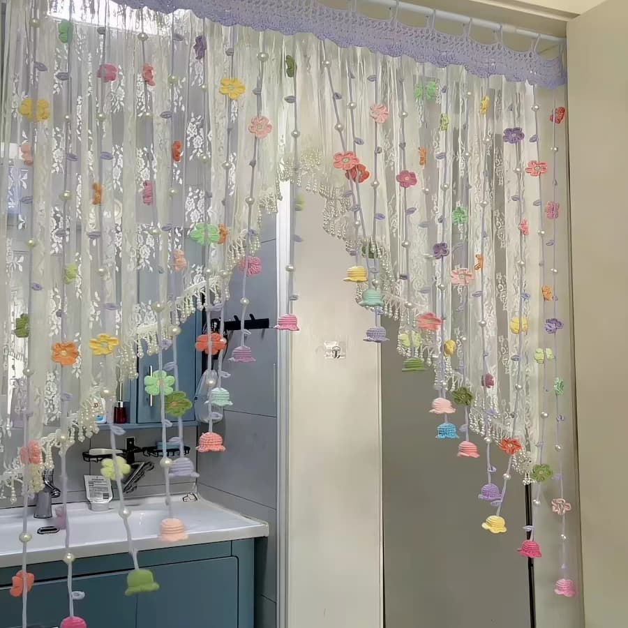 🌸 Handmade Crochet Spring Flower Door Curtain | Boho Floral Tassel Curtain for 80cm Doorway
