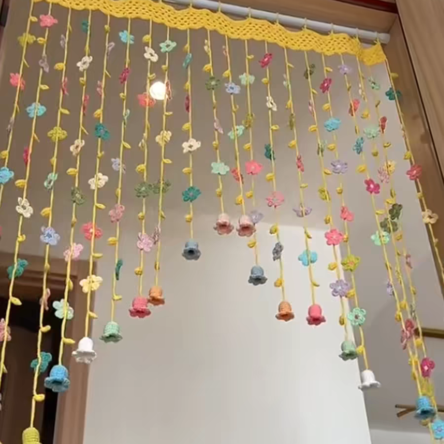 🌸 Handmade Crochet Spring Flower Door Curtain | Boho Floral Tassel Curtain for 80cm Doorway