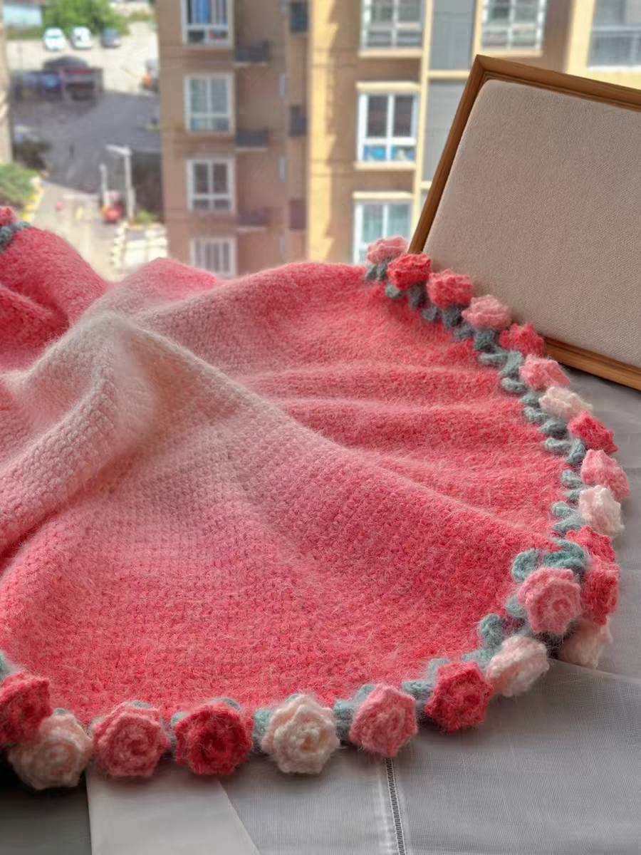 🌹 Handmade Crochet Gradient Rose Blanket | Floral Knitted Throw ~100cm